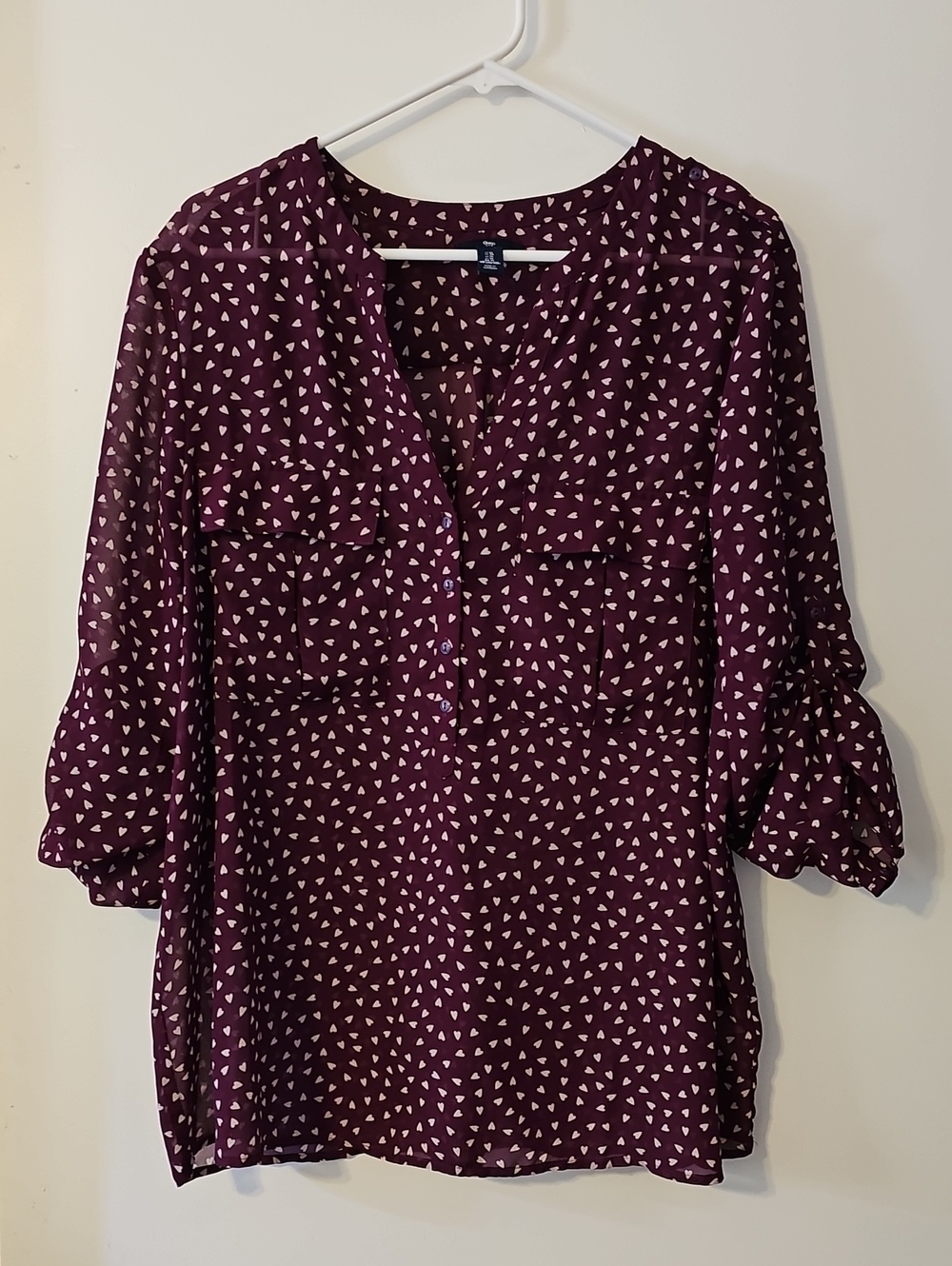 Gap Eggplant Wine Heart Semi Sheer Roll Tab V-neck Tunic Top Size XL